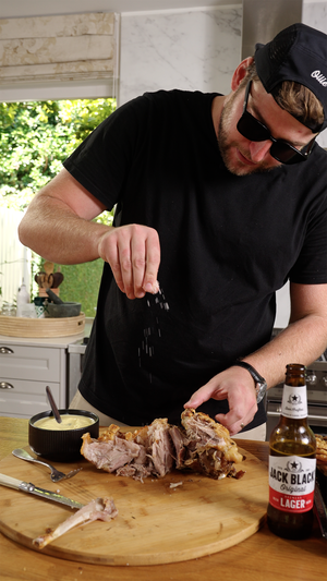 CRISPY PORK KNUCKLES WITH JACK BLACK BEER MUSTARD